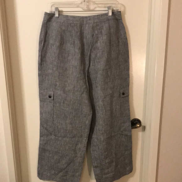 Finity Naturals Gray & White Tweed 100% Linen Cropped Cargo Pant Size 10 - Picture 3 of 4